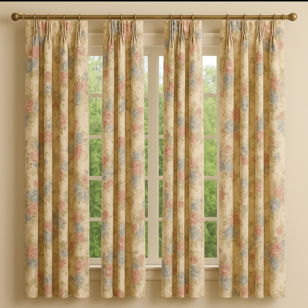 VINTAGE JC PENNEY PINCH PLEAT 4 PANELS CURTAIN 50'X84" FLORAL PINK BLUE DAMASK